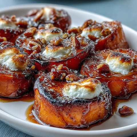 Klassische Seelennahrung mit karamellisierten Süßkartoffeln, Marshmallows und knusprigem Pekannuss-Überzug.