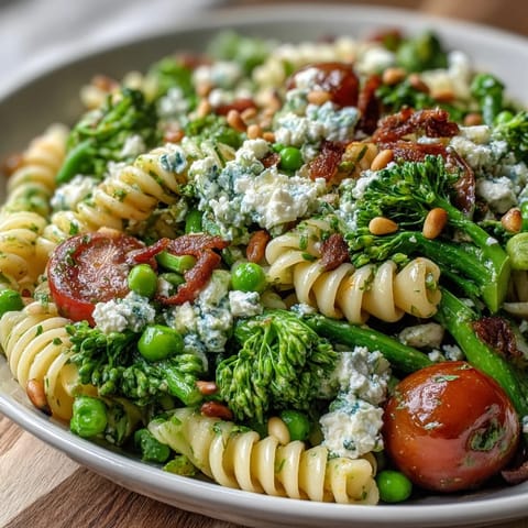 Spring-Garten-Pasta-Salat mit Brokkoli und Erbsen, frisch und bunt, mit Zitronen-Kräuter-Dressing. Perfekt für Picknicks und leichte Mahlzeiten.  