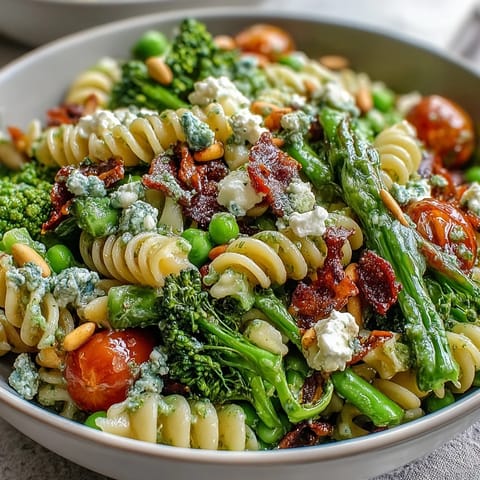 Bunter Pasta-Salat mit knackigem Brokkoli, süßen Erbsen und Kirschtomaten, leicht mit Zitronen-Dressing geworfen.  