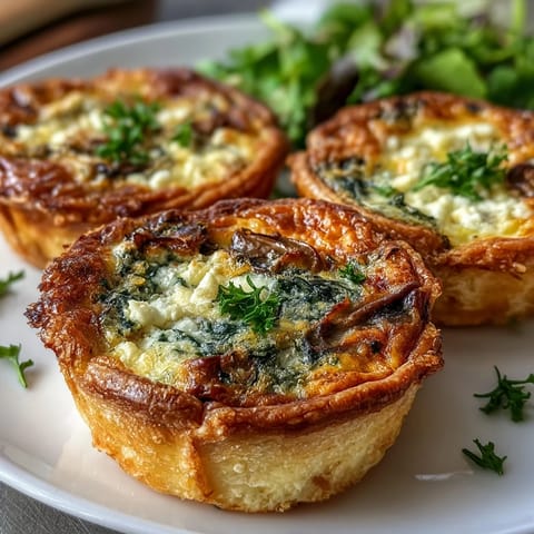 1. Mini Quiche Trio for Spring Showers: Three bite-sized quiches with spinach, mushroom, and ham, perfect for elegant brunches and spring gatherings.  