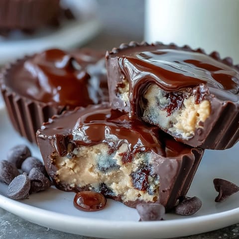 1. Genussvolle hausgemachte Erdnussbutter-Tassen gefüllt mit reichhaltigem, ei-freiem Schokoladen-Chip-Keksteig, zwei beliebte Leckereien in einem Bissen vereint.  