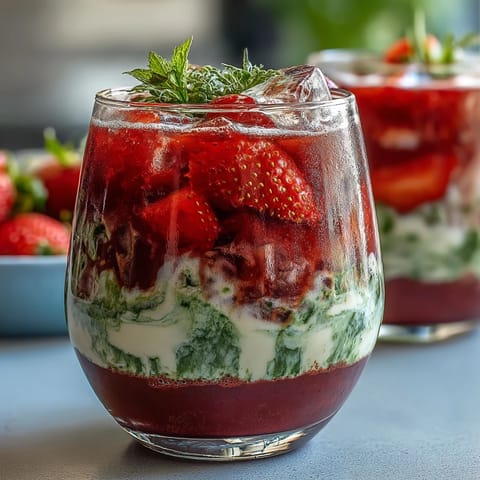 Erfrischender Iced Strawberry Matcha Latte mit cremiger Vanilleschicht und frischen Erdbeeren.  