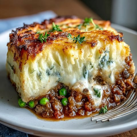 2. Würzige Linsen-Pilz-Füllung unter fluffigen Kartoffelpüree in diesem klassischen britischen Hauptgericht.