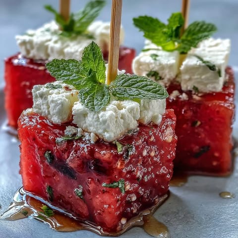 2. Saftige Wassermelonen-Feta-Spieße, garniert mit Minze und Balsamico-Glasur für mediterranen Genuss.  