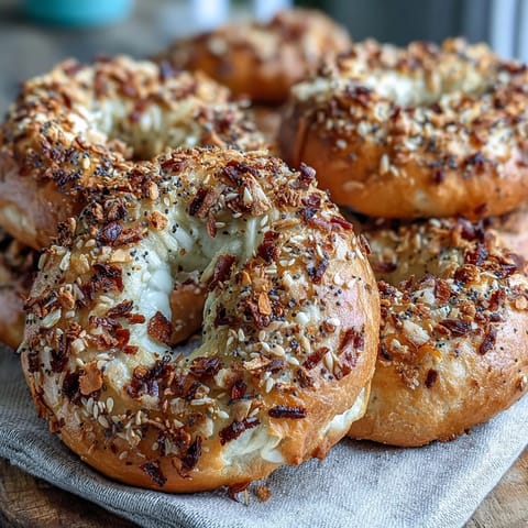 2. Selbstgemachte Bagels mit griechischem Joghurt, großzügig mit herzhaftem Everything-Gewürz bestreut, perfekt für das Frühstück.  