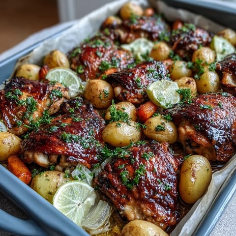 Saftige Hähnchenschenkel mit knuspriger Haut, serviert mit goldgelben Kartoffeln und süßen Karotten auf einem Blech.