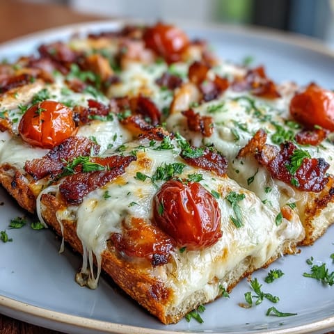 Klassische Kentucky Hot Brown Flatbread Pizza mit goldener Kruste, cremiger Mornay-Sauce, gebratenem Truthahn, knusprigem Speck und geschmolzenem Käse. Perfekt für Derby Day oder ein besonderes Abendessen.