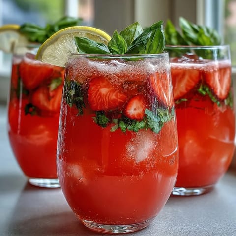 Ein erfrischender Erdbeer-Basilikum-Limonaden-Drink mit frischen Erdbeeren und Basilikum in einem Krug.