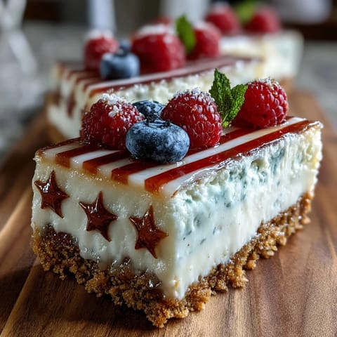 Kein-Bake-Käsekuchen-Flaggenkuchen mit frischen Beeren für den 4. Juli.
