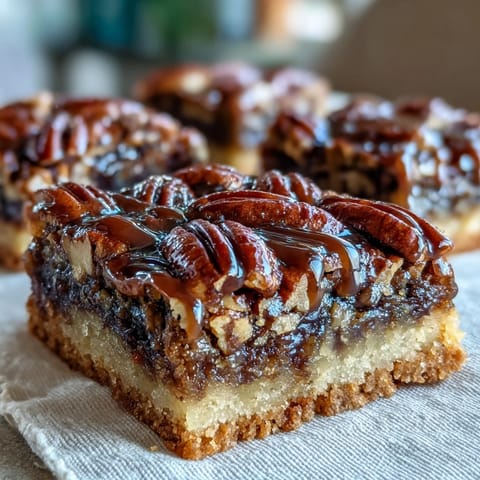 Süße Kentucky Derby Pekannuss-Kuchen-Riegel mit goldener Kruste und Bourbon-Glasur auf einem rustikalen Holzteller.