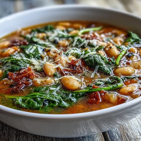 Ein cremiger Topf mit toskanischer weißer Bohnen-Spinat-Suppe, gefüllt mit zarten Gemüse und aromatischen Kräutern.