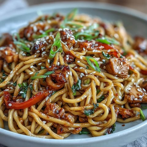 Bowl of Korean Turkey Fried Noodles with bouncy noodles, colorful veggies, and sesame garnish.