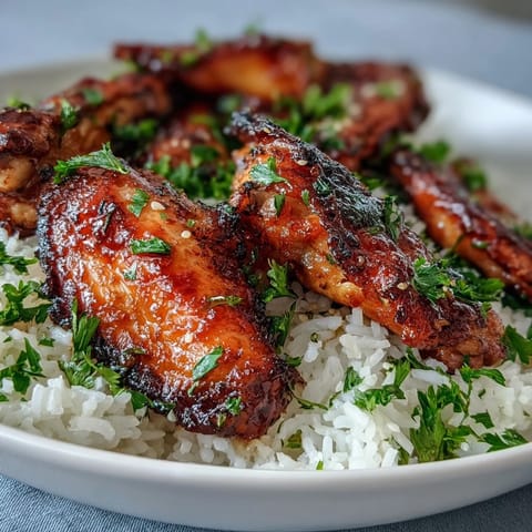 Oven-Baked Honey Garlic Chicken Wings & Rice with sticky glaze and fluffy, buttery rice on a white plate.