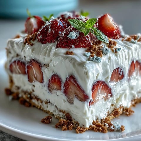 Festliches Memorial Day No-Bake Icebox Cake mit saftigen Erdbeeren geschichtet.