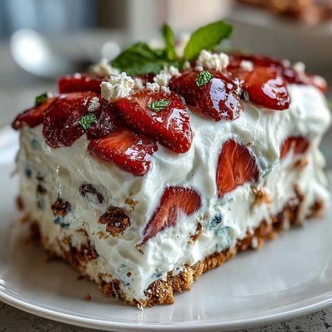 Kühlende Memorial Day Eisboxkuchen-Schichten mit Keksbröseln und süßen Erdbeeren.