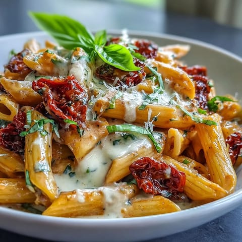 Ein Teller Marry Me Pasta, überbacken mit Parmesan und frischem Basilikum.