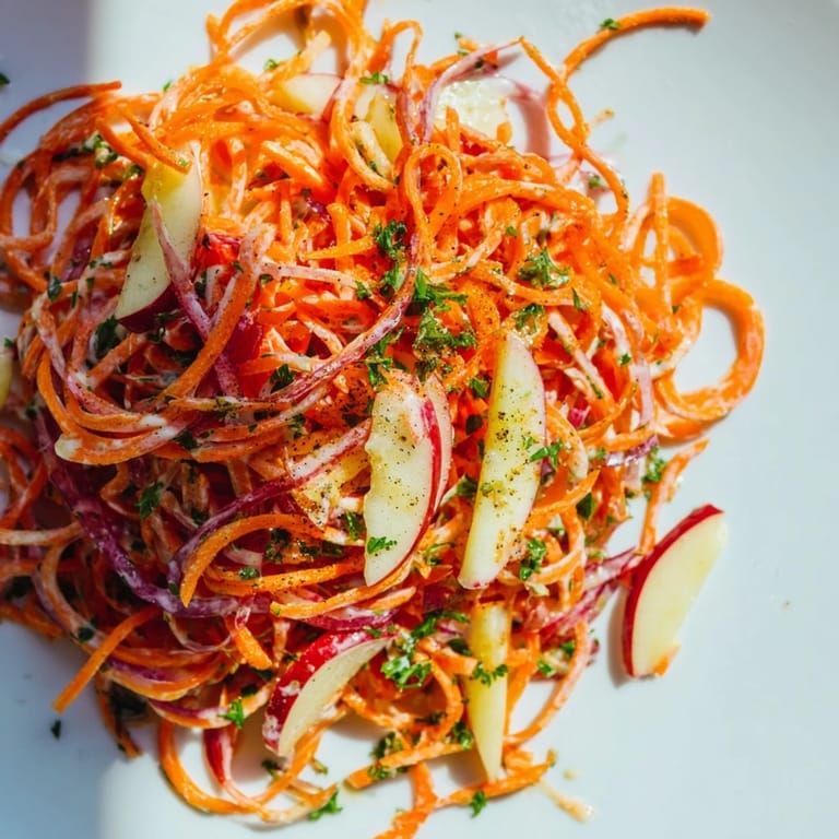 Healthy carrot and apple slaw featuring crunchy veggies and tangy flavors.