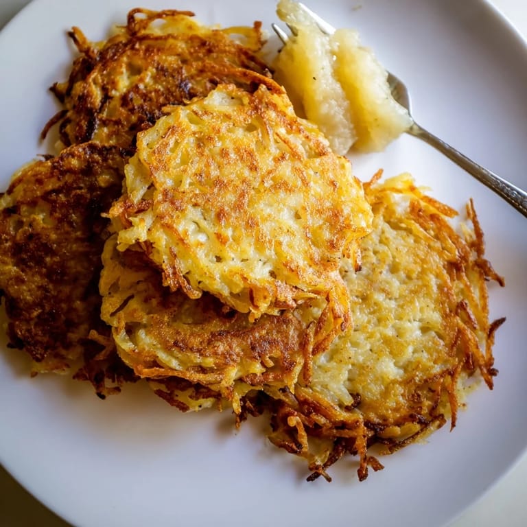 Golden brown potato pancakes served warm, alongside homemade applesauce for dipping.  