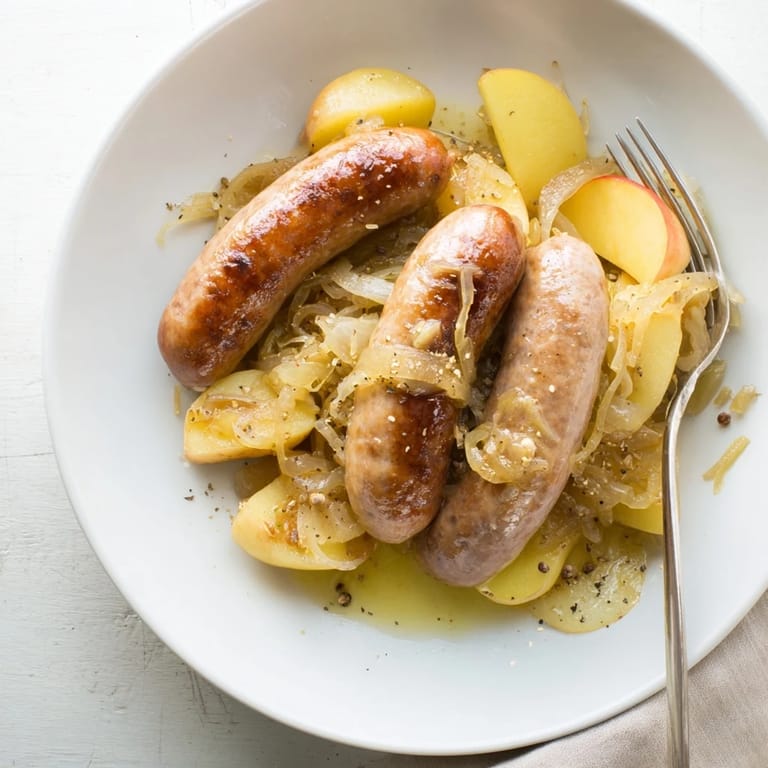 Traditionelles Rezept für Sausage and Sauerkraut Skillet mit goldenen Kartoffeln.