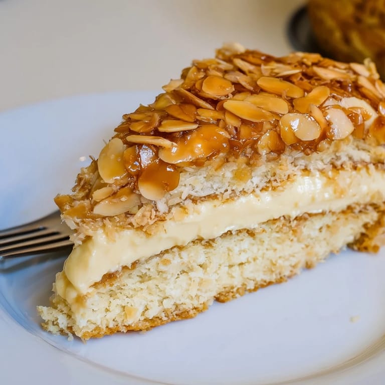 Fluffy Bee Sting Cake topped with caramelized almonds and honey drizzle.