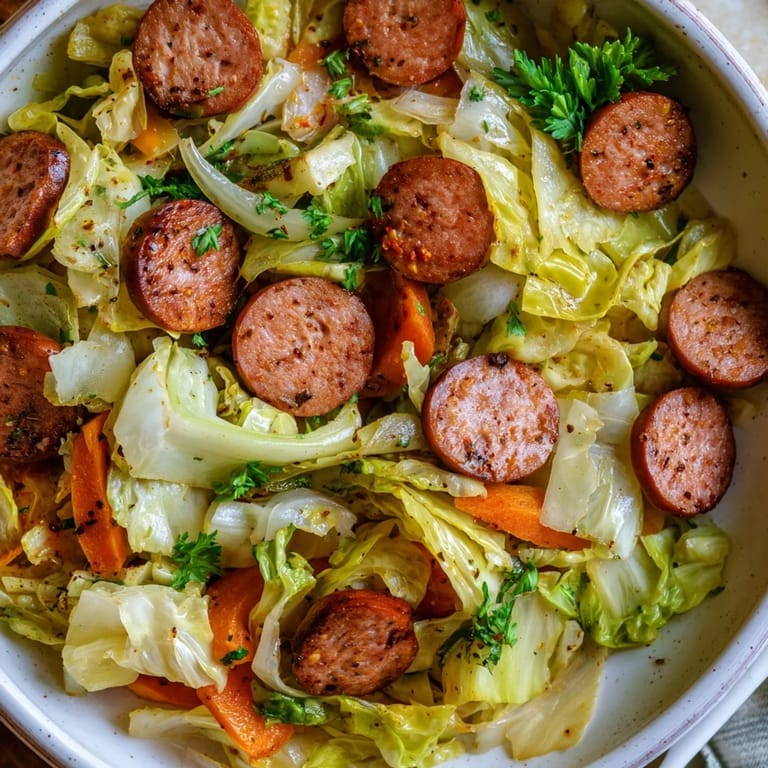 Ein köstliches Cabbage and Sausage Skillet, ideal für ein schnelles, rustikales Abendessen.