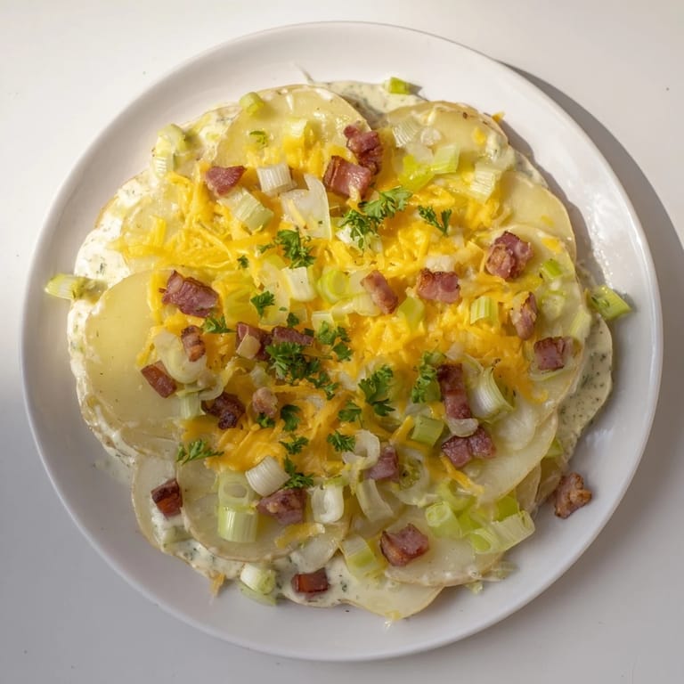 This delicious One-Pan German Potato & Leek Bake shows a warm, creamy potato dish with browned cheese.