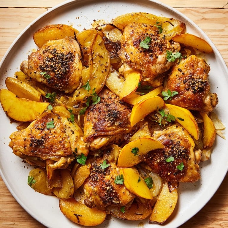 Apples, onions, and perfectly roasted Sheet-Pan German-Style Chicken; a complete, flavorful meal.