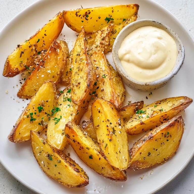These golden Vegetarian Herb Potato Wedges with Mustard Dip, fresh from the oven, look delicious.