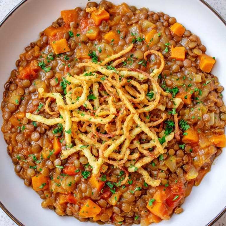 Flavorful Budget Lentil & Spätzle Bowl, showcasing the hearty lentils stewed with perfectly cooked Spätzle noodles.