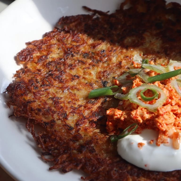 Savory Potato Pancakes are served hot, perfect with cool and tangy kimchi yogurt, ready to eat.