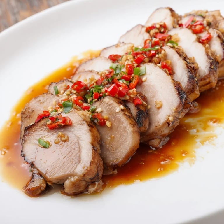 Slow-cooked Bavarian roast pork, juicy and tender, ready to be served with aromatic chili-ginger glaze.