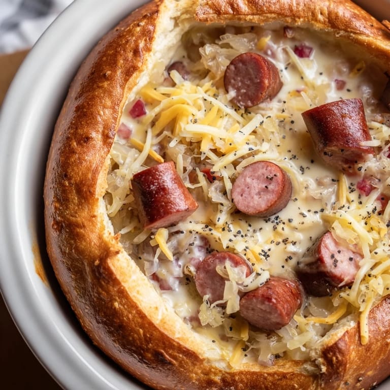 Hearty Bratwurst & Sauerkraut Pie, offering a close-up of the savory pretzel crust and filling.