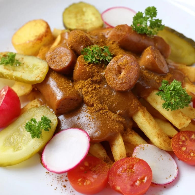 Warm currywurst pieces bathed in sauce, surrounded by mustards, and crispy potatoes on a board.