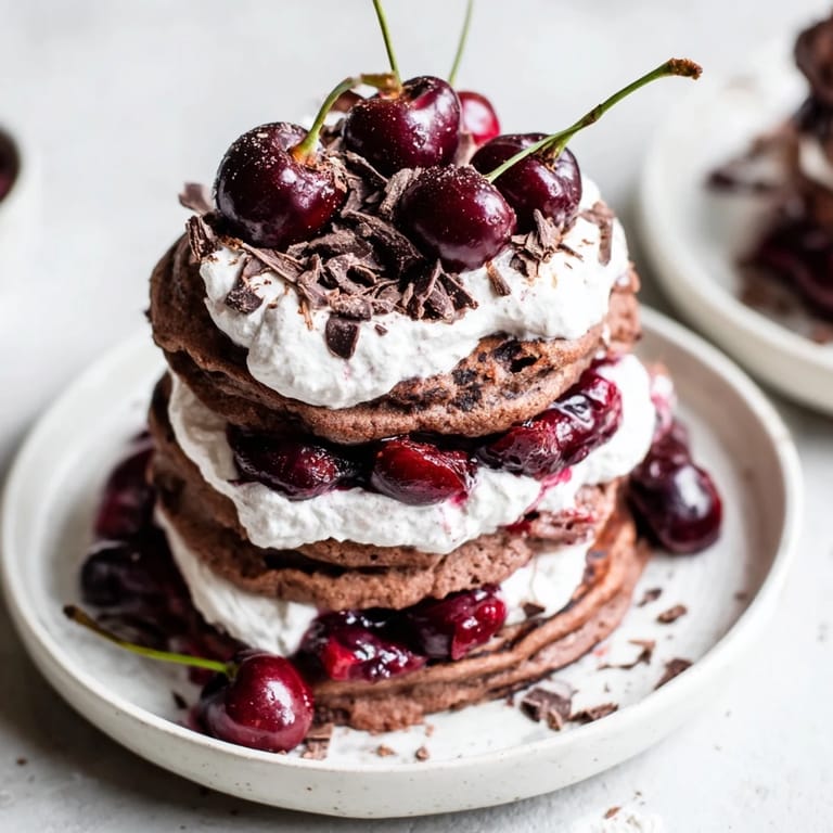 Delicious Black Forest Pancake Minis drizzled with cherry compote, a perfect brunch or dessert option.
