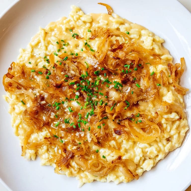 This cheesy spaetzle skillet showcases caramelized onions and melted Gruyère, a delicious German-inspired creation.