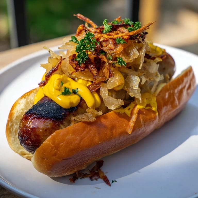 A close-up of delicious mini bratwurst sliders, ready to serve with mustard and savory toppings.