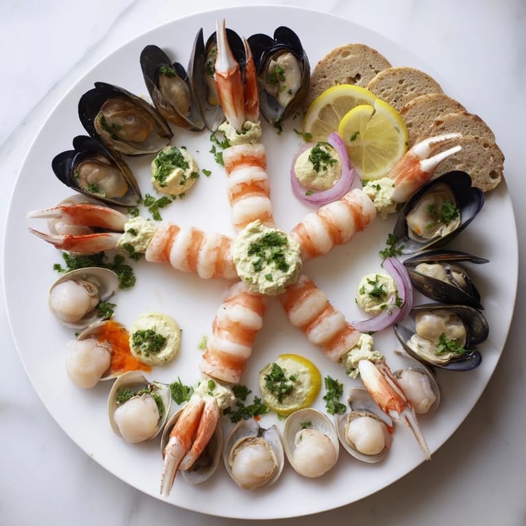 This flavorful starfish & shell appetizer board shows off colorful seafood with dipping sauces and garnishes.