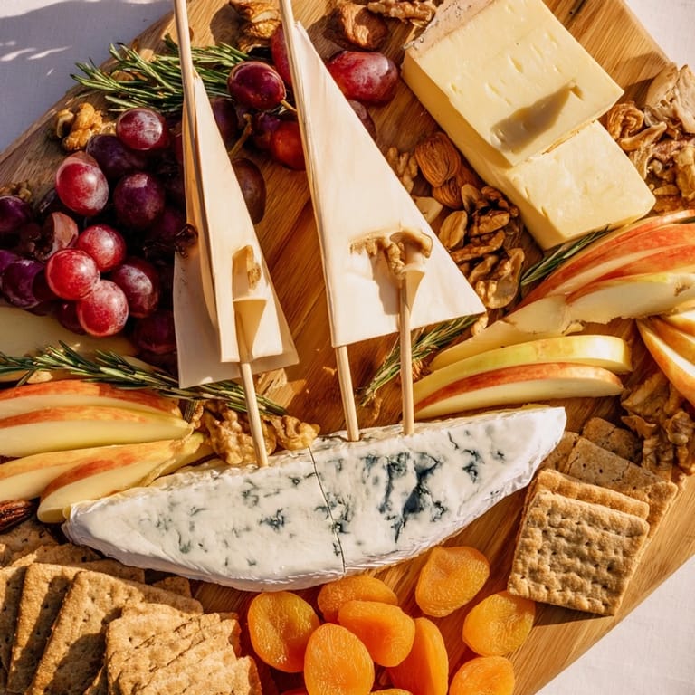 A beautifully arranged sailboat cheese platter, a stunning appetizer with fresh fruit and nuts.