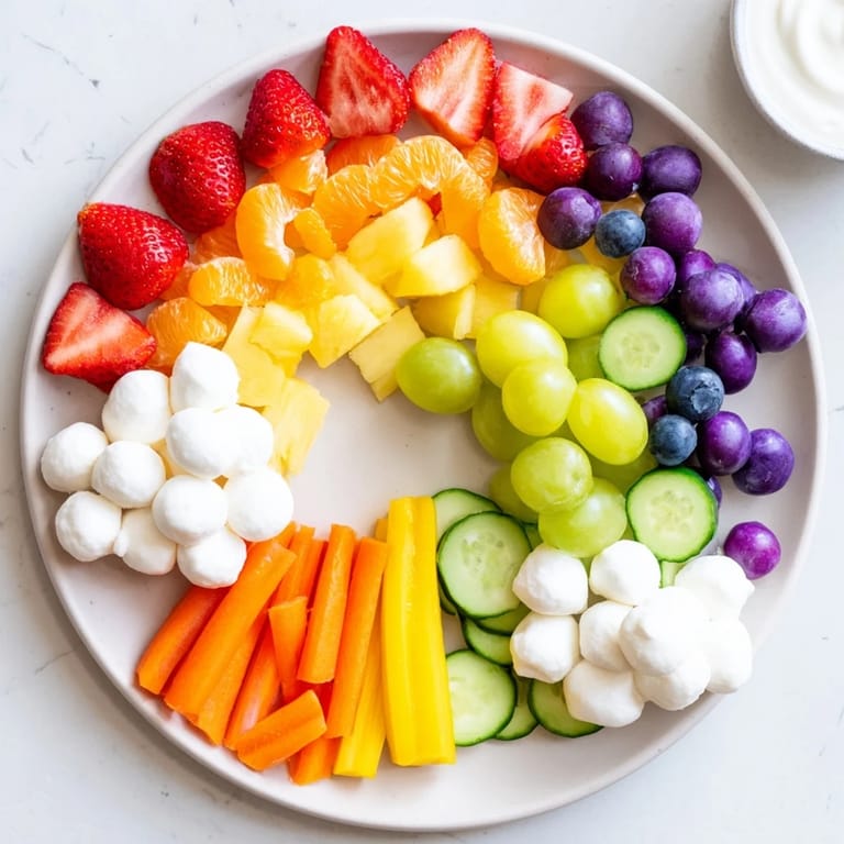 Bright Rainbow Cloud Snack Board with colorful fruits and veggies, a fun appetizer for kids.