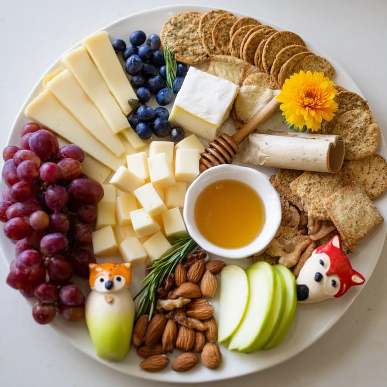 Inviting close-up of a Cozy Forest Animal Board, featuring salami roses and fresh berries for snacking.