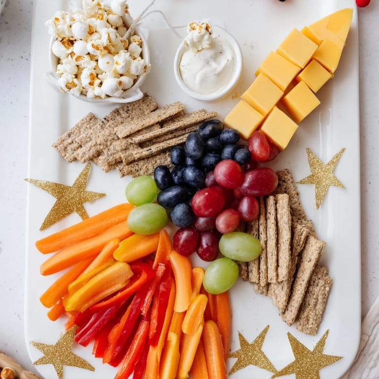 Kid-friendly Blast Off Spaceship Snack Board featuring grapes, crackers, and fun dips for a space adventure.