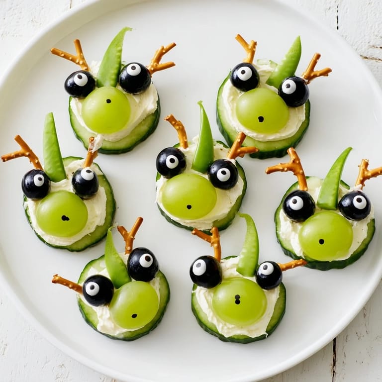 Fresh ingredients transform into fun Little Green Men Alien Snack Attack, perfect for a kids' party, ready to eat.