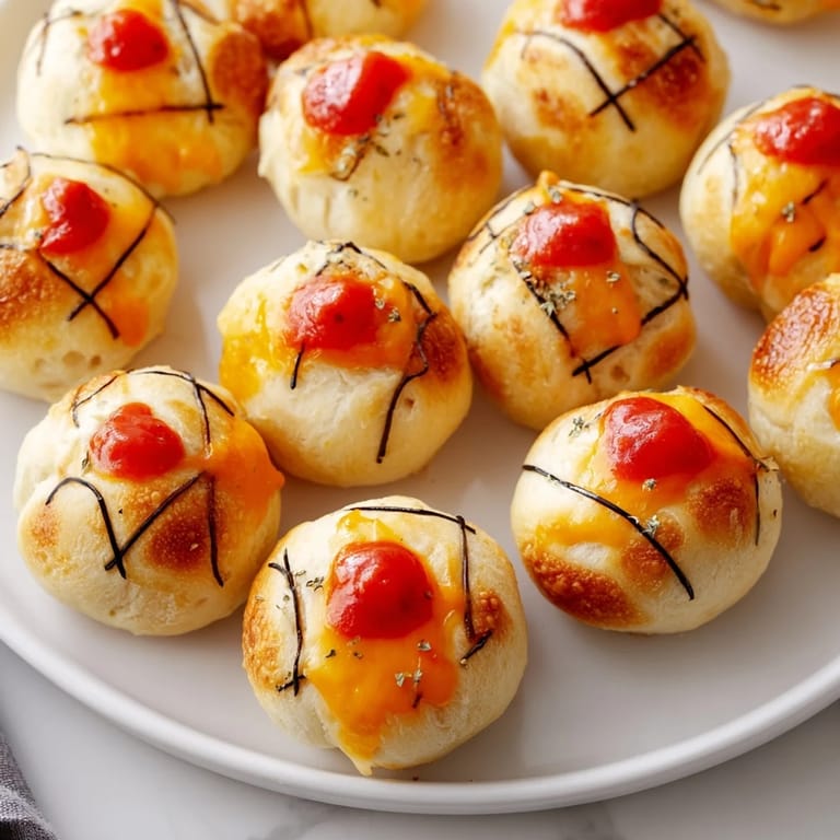 A close-up of cheesy Slam Dunk Basketball Pizza Bites, showcasing their perfectly round shape and detail.