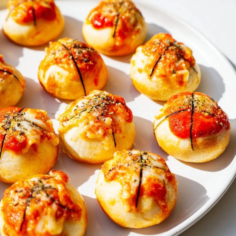 Warm, bite-sized Slam Dunk Basketball Pizza Bites, delicious game-day finger food, served with sauce.