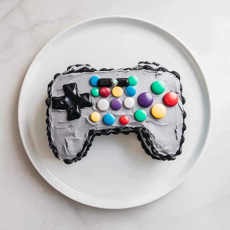 Imagine that yummy controller: A vibrant pixel perfect video game controller cake decorated with candies.