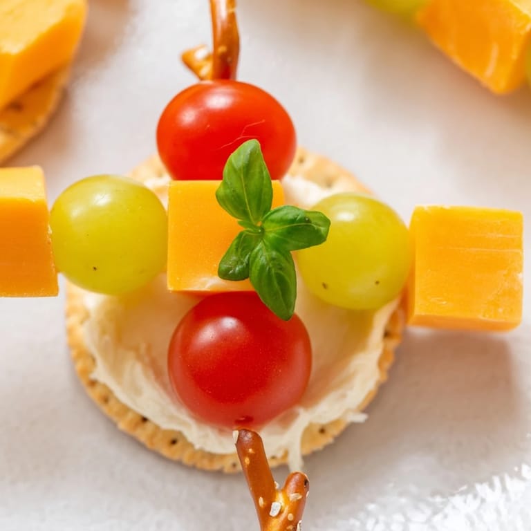 A fun shot of kid-friendly Up, Up, & Away Hot Air Balloon Snacks with pretzel stick "baskets".