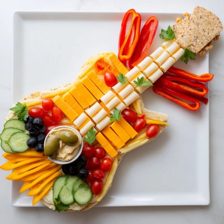 Colorful Rock Star Guitar Snack Platter, complete with cheese, veggies, and dips for a crowd-pleasing appetizer.