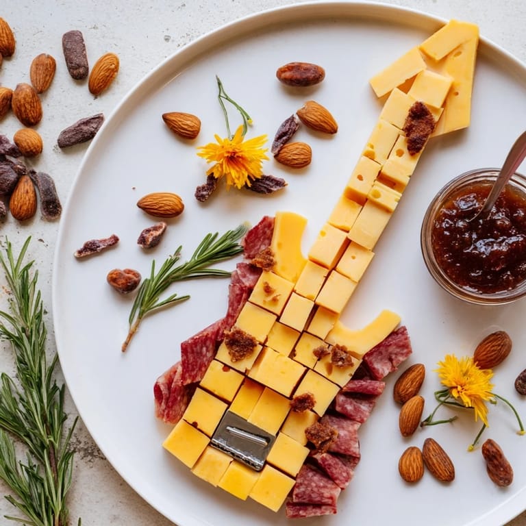 Festive Rock Star Guitar Platter overflowing with cheese, meat, and fresh, colorful party snacks.