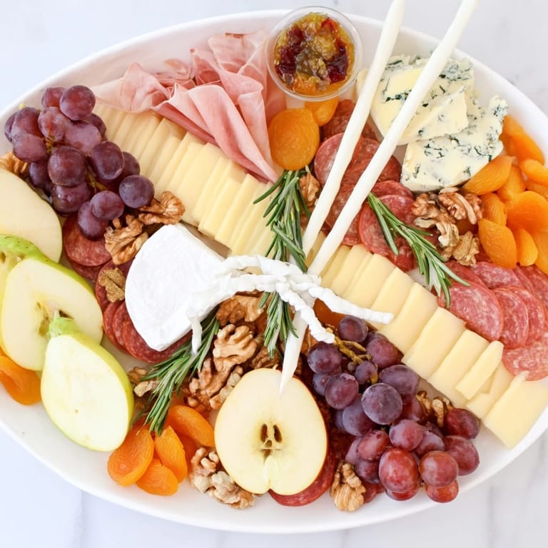 Delectable Rugby Ball Cheese Board offers a beautiful spread of French cheeses with charcuterie and fresh fruit.