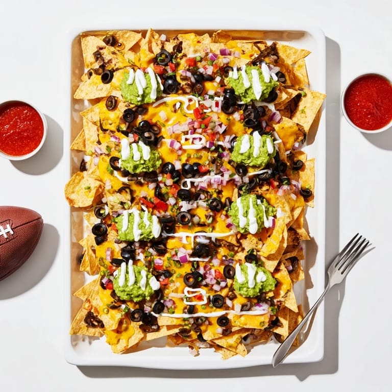 Festive Football Field Nacho Platter featuring a vivid arrangement of nachos, ready for a fun appetizer.